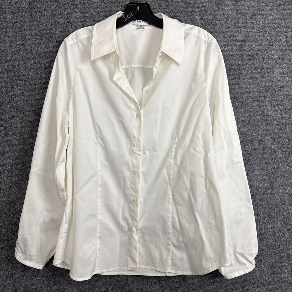 Per Se Button Up Top Blouse Womens Size 10 White Preppy Classic